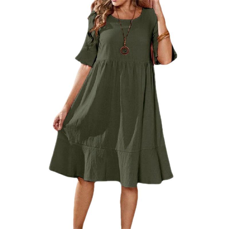 Women's Mid-Length Cotton Linen Dress - Solid Color, Loose Fit, Pleated, Round Neck, Bell Short Sleeves.