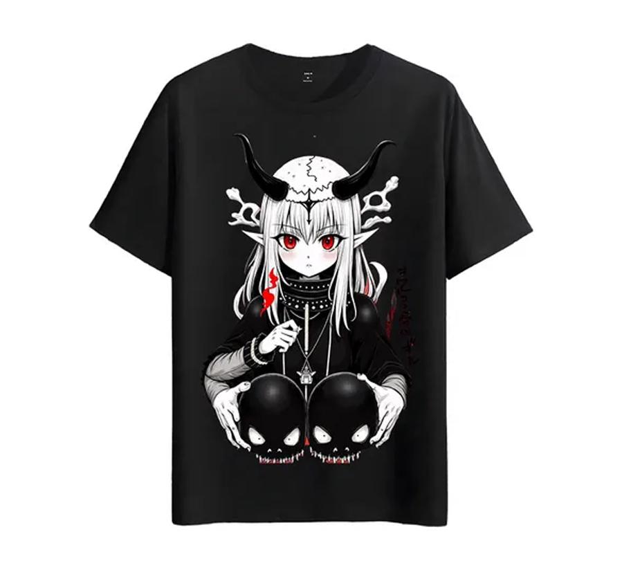 Gothic Punk T-Shirt Teufel Stil Avantgarde Totenkopf Eckdesign Herren Damen Modisch Kurzärmelig Reine Baumwolle Personalisiertes Oberteil