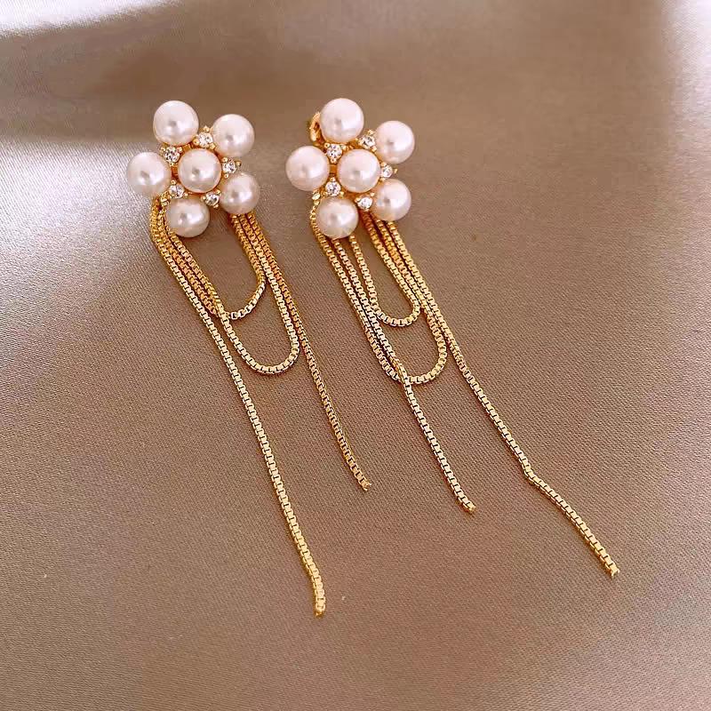 Elegant Pearl Flower Tassel Earrings, Two-Way Wear, Unique Design, Light Luxury, Versatile Jewelry for Women