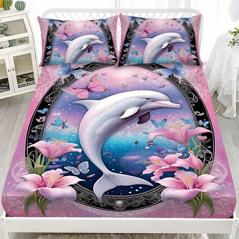 3Pcs Flower Dolphin Patterned Mattress Protective Cover (1 * Bed Sheet + 2 * Pillowcases) Skin-Friendly  for Home  Four Seasons