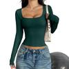 Spring Autumn Square Collar Solid Color Slim T-shirt Women Long Sleeve Y2K Elastic Bottomed Tee Pullover Top