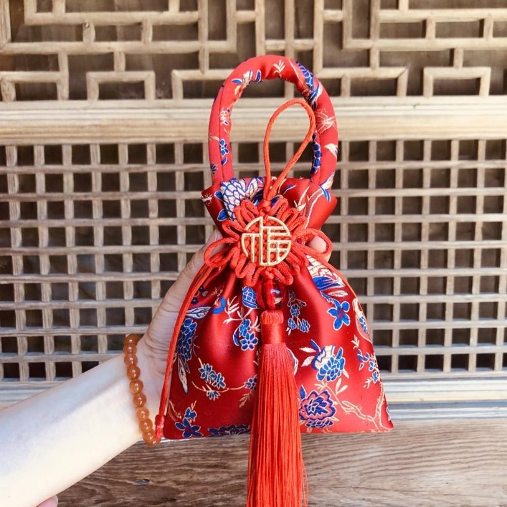 Chinese Style Canvas Flower Drawstring Bag Dragon Bird Chinese Knot Tassel Handbag Jewerly Packing Bag Korean Style