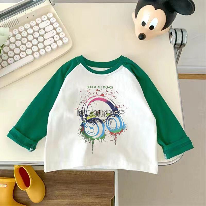 Kids Cotton Long Sleeve T Shirt Spring Autumn Korean Raglan Round Neck Cartoon Top Unisex Base Layer Trendy Tee