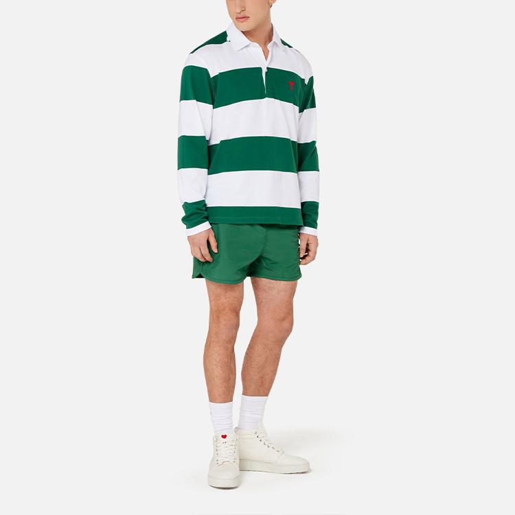 AMIPARIS Cotton Plain Knit Striped Long Sleeve Polo Shirt Autumn Men Tops White Green A21HJ21175-301