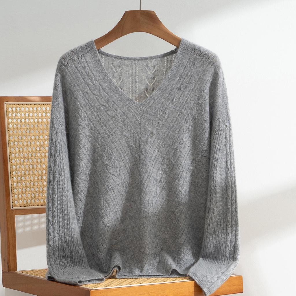 Early Autumn Retro V-neck Hollow Pure Cashmere Women's Pullover - Korean Soft Casual Knit Long Sleeve Sweater