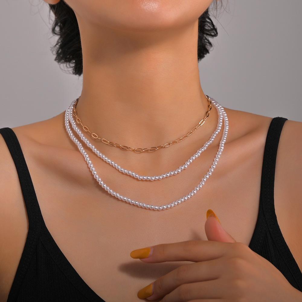 Simple trend pearl alloy chain multi-layer women's necklace accessories supply