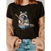 Raccoon Print Crew Neck T-Shirt, Casual Short Sleeve T-Shirt For Spring & Summer, Women's Clothing