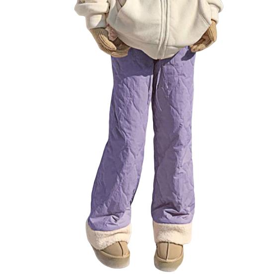 Women Cotton Pants Elastic High Waist Solid Color Wide Leg Causal Trousers with Pockets Thickened Plush Lining Winter Pants