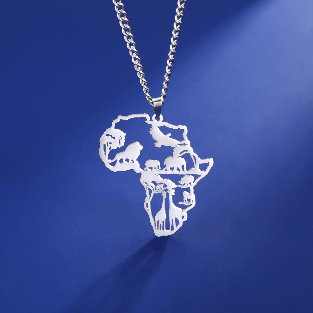 Myshape Tierkarte Löwe Giraffe Elefant Anhänger Edelstahl Halskette Mode für Herren und Jungen Ethnischer Schmuck Geschenk