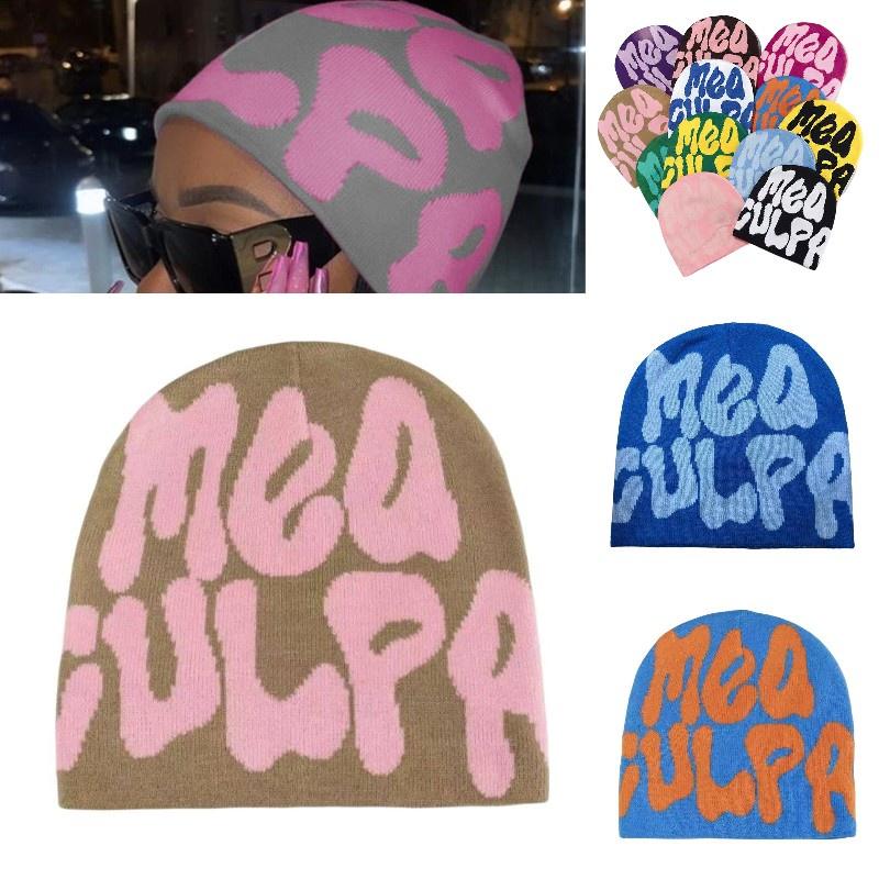 Mea Culpa Trendy Letter Print Beanies Knit  Hat Streetwear Cap Outfit Women Girl