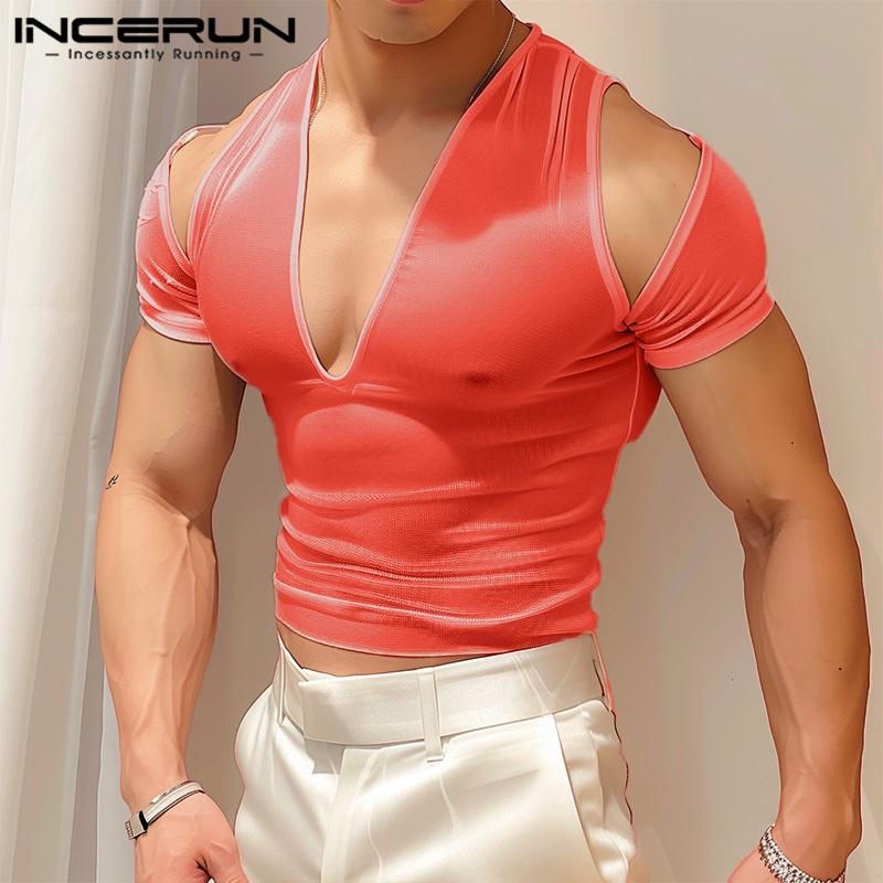INCERUN Men V Neck Mesh Stretch Off Shoulder Sheer Tops Sexy Transparent T-shirts