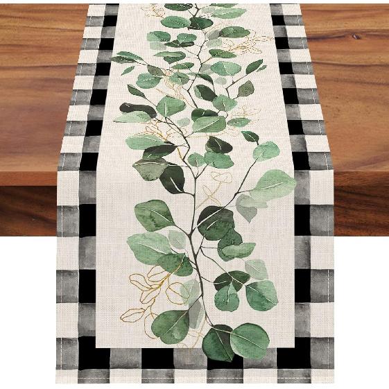 Seliem Spring Eucalyptus Leaves Greenery Table Runner, Black White Buffalo Plaid Check Kitchen Dining Table Decor, Green Plants Botanical Summer