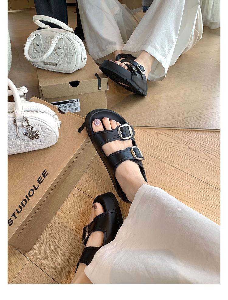 

~ Height increase of 3.5cm~ Lazy round head double buckle with beach wear cool slippers 40 чёрный