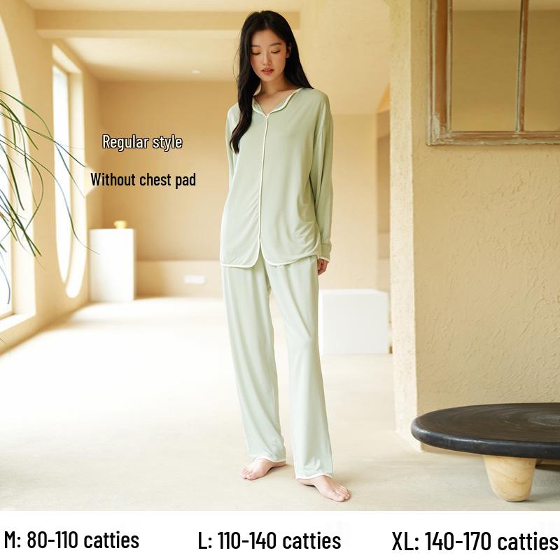 Women's High-End Modal Pajama Set: Long-Sleeved Top, Trousers, Chest Pads - Ideal for Autumn and Winter
