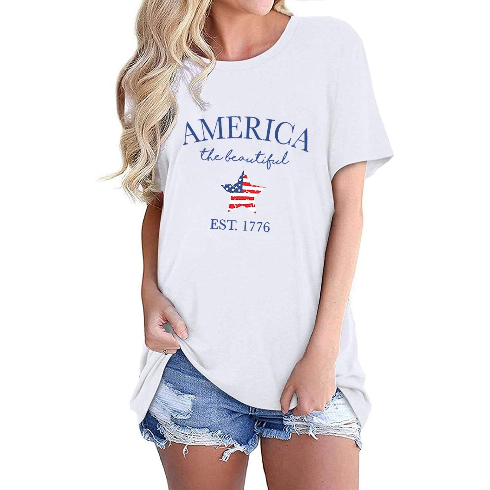 

Women Casual Independence Day Printing Round Neck Loose Tops T-shirt Blouse XXL белый