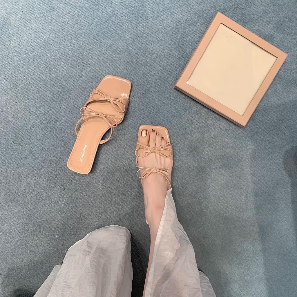 Grape Mother Has the Same Temperament Square Head Double Bow with Versatile Sandals Women's Summer French Casual Low-heeled Slippers