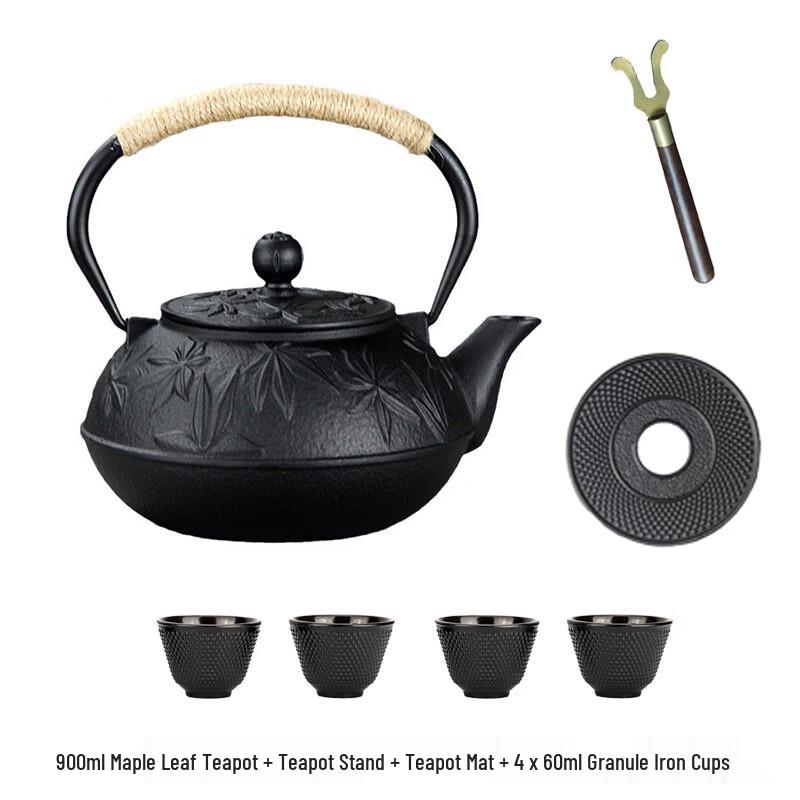 ZISIZ Maple Leaf Cast Iron Tea Kettle Set