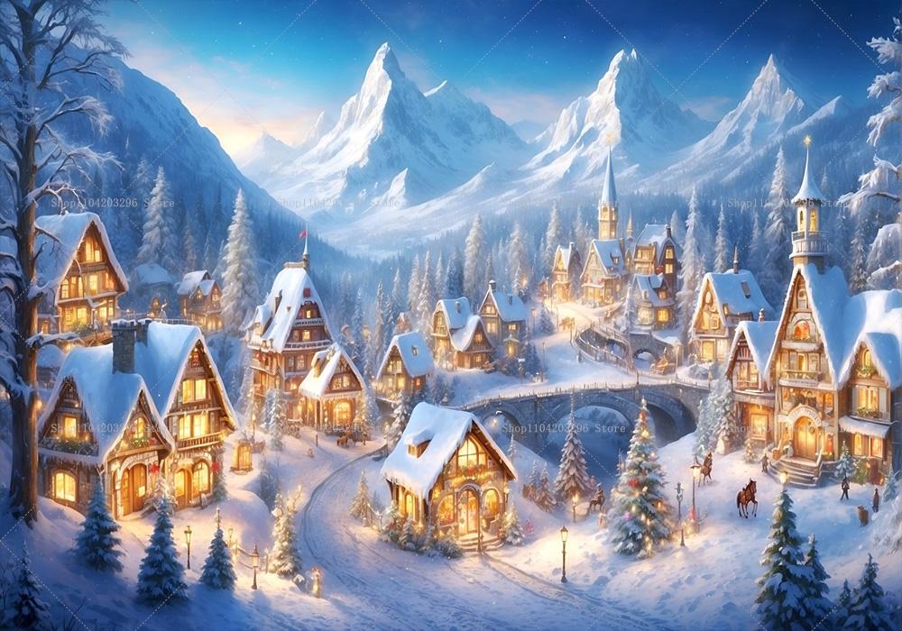 Winter Christmas Village Background Home Decoration Photography Studio Background New Year Snow Town Mountains Background