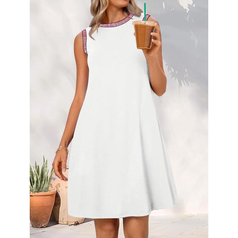 

JKASHDK Женская мода Лето Весна Однотонный Принт Без рукавов Круглый вырез Свободная линия талии Повседневные платья M белый