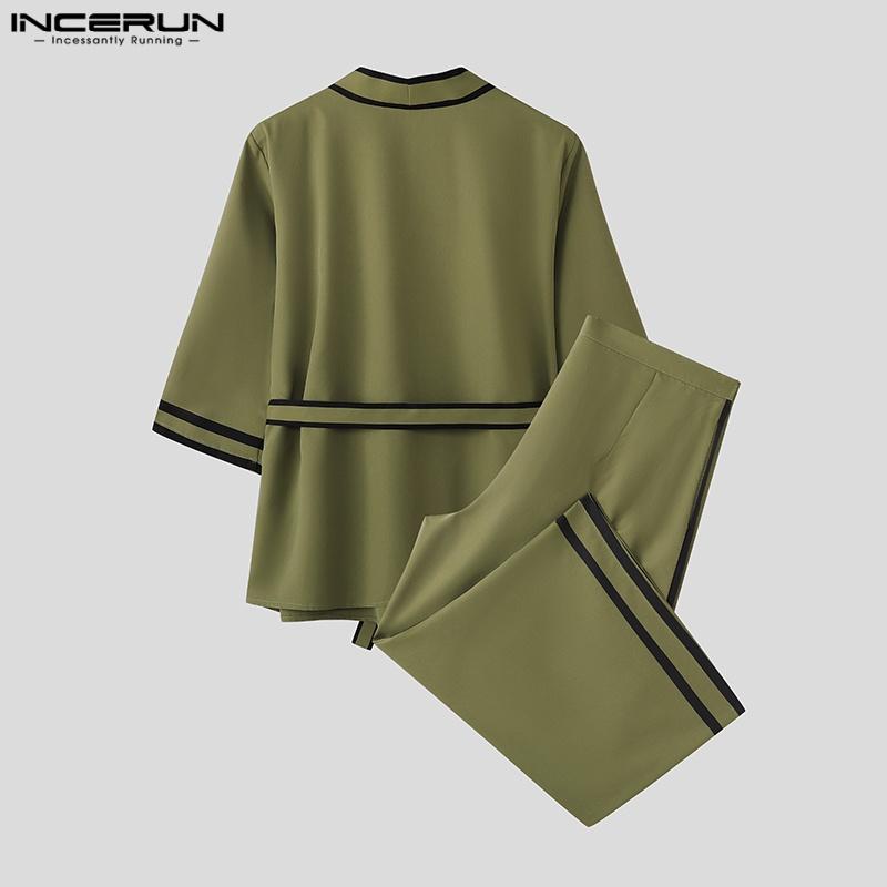 INCERUN 2PCS Men Lapel Neck 3/4 Sleeve Stitching Belt Shirt Long Wide Leg Pants Sets Outfits