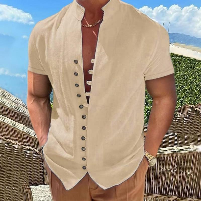 

Men s Summer Clothes Beach Style Cotton Linen Single Breasted T-shirts Fashion Button Design Casual Outdoor Comfortable Short Sleeves M хаки