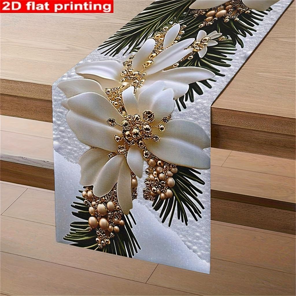 Christmas's Day White Floral Table Runner - Festive Wreath Print, Perfect for Home Decor & New Year Gifts