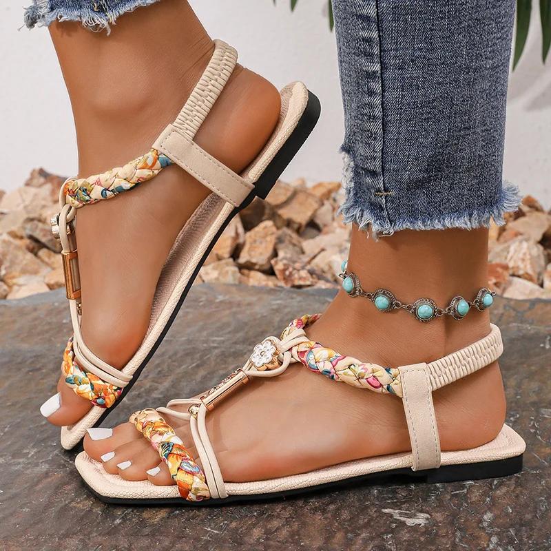 Fashion Fashion Flower Beaded Bohemian Sandals Women Square Toe Printing Braided Flat Sandals Woman 2025 Summer Comfortable Beach Shoes