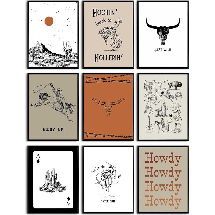 IEMIHZUM 9Pcs Vintage Western Cowboy Wall Art Retro Southwest Wall Decor Wild West Cowboy Rodeo Poster Mid Century Retro Desert Print Artwork for 10L X8W