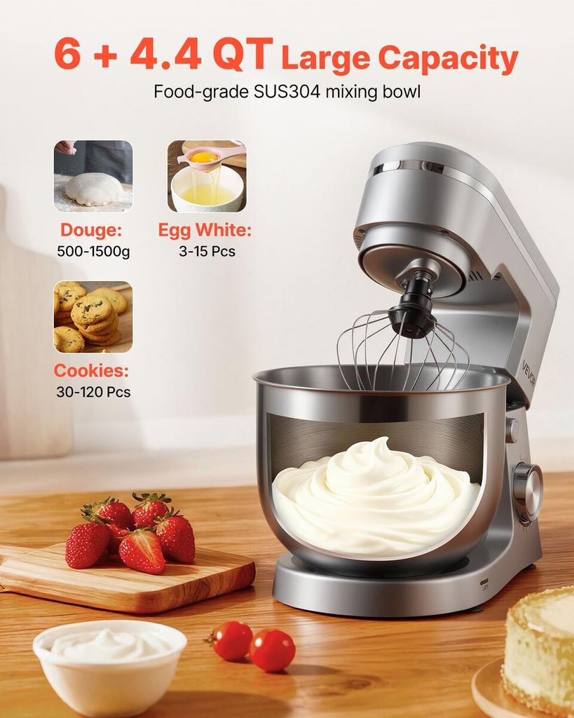 Stand Mixer, 5.7 L Electric Kitchen Mixer, 1500W Dough-Mixer, 10 Speeds Tilt-head Food-Mixer with Stainless Steel Bowl, Dough Hook, Whisk, Beater, for