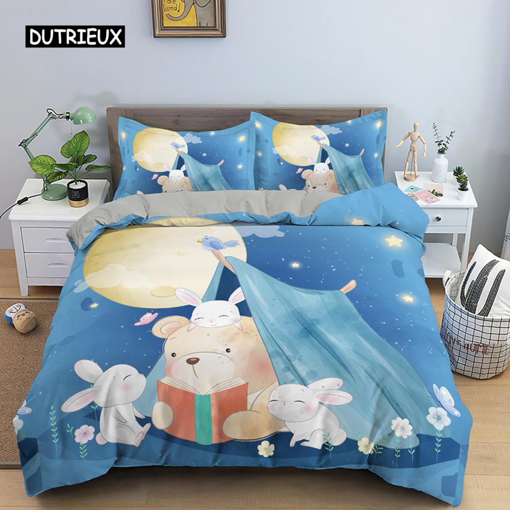 Bettbezug-Set mit Cartoon-Tiermotiv, für Kinder, Löwe, Nilpferd, Giraffe, Muster, Bettwäsche-Set aus Polyester, Einzel-, Zwillings-, Queen-Size- und King-Size-Bettbezug
