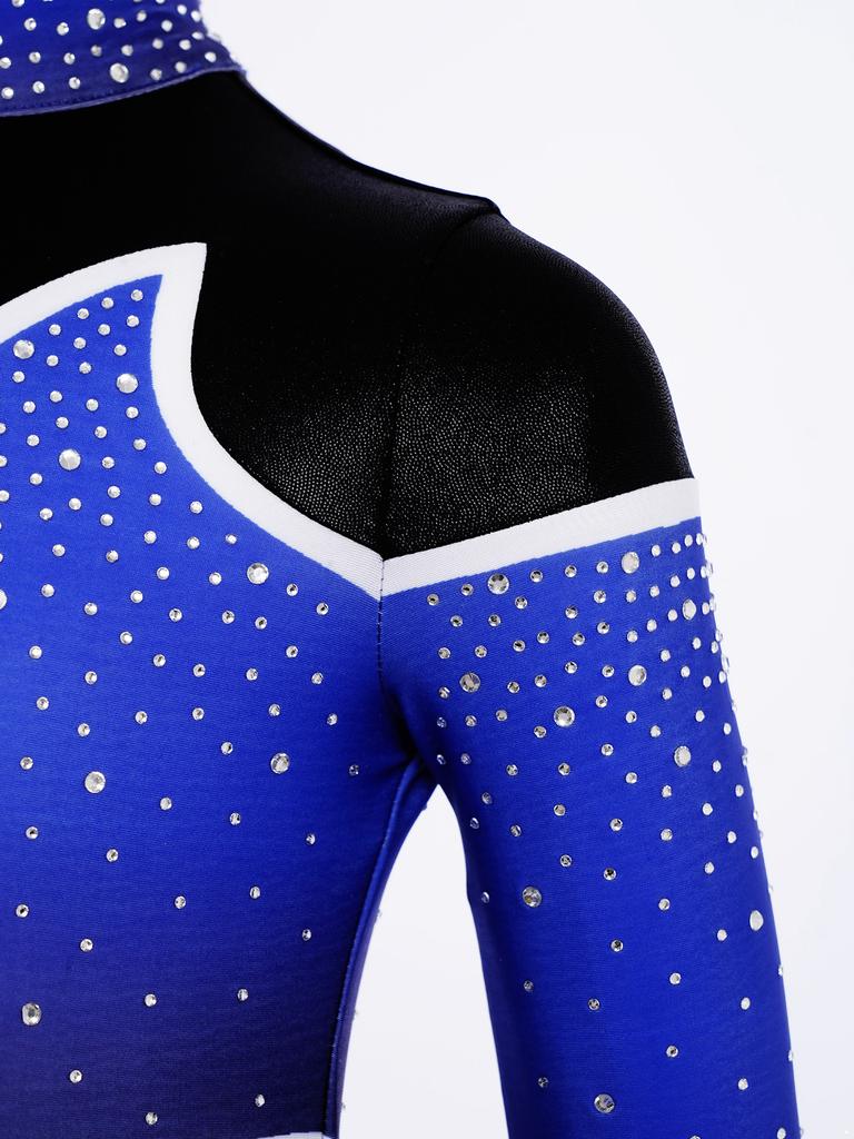 Girls Dance Gymnastics Jumpsuit Color Block Gradient Mock Neck Long Sleeve Keyhole Back Shiny Rhinestones Bodysuit