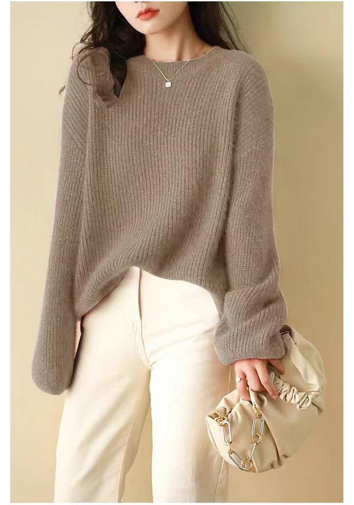 Women's Trendy Round Neck Lurex Sweater in New Year Red - 100% Pure Wool, Loose Fit, Autumn/Winter Base Layer