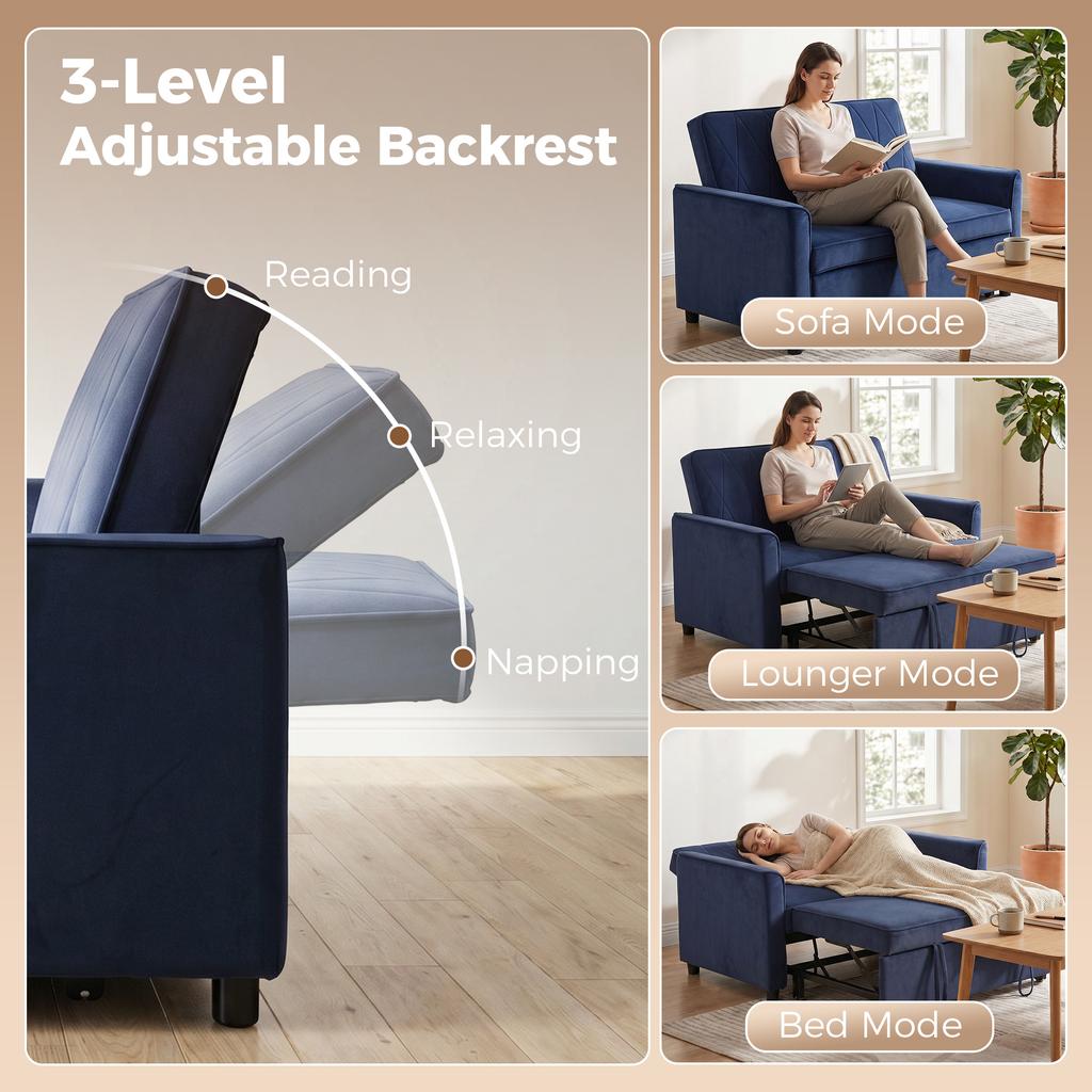 2 Seater Sofa Bed, 3-in-1 Convertible Pull Out Sleeper Sofa with Click-Clack Adjustable Backrest, Dark Blue