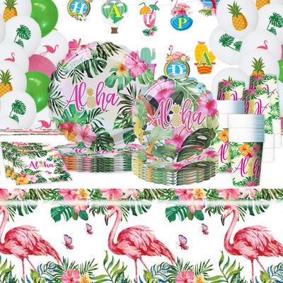 Hawaiian Flamingo Party Tableware Set: Green Plates, Napkins & Tablecloth