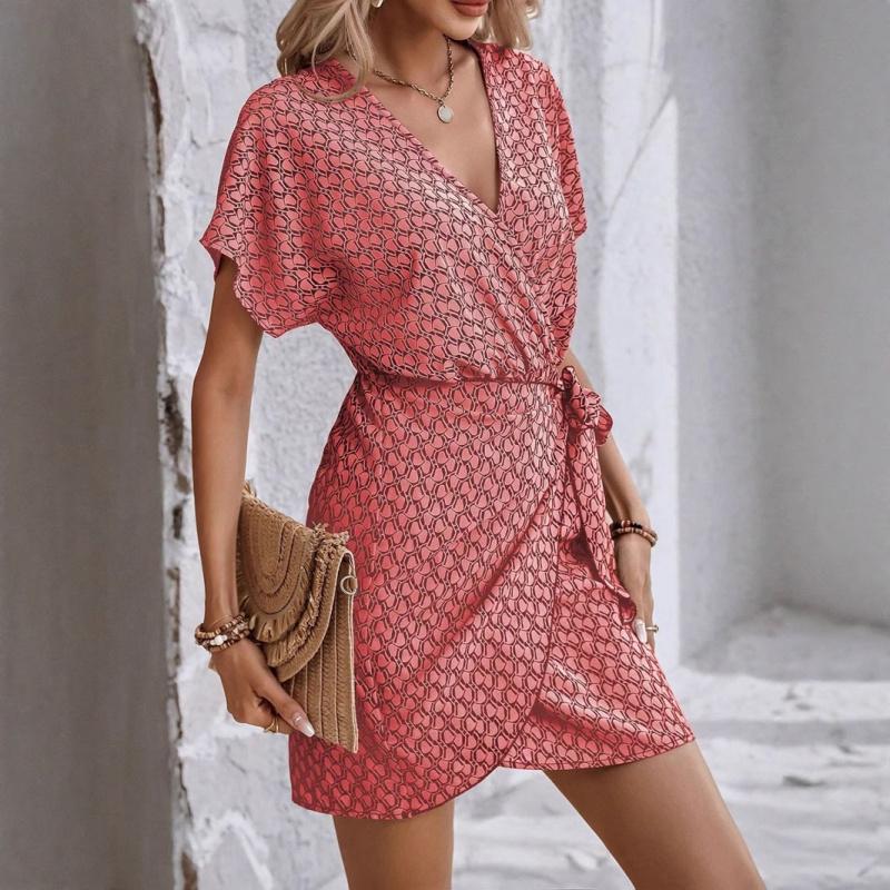 Women's Fashion Spring/Summer 2026 New Printed Short-Sleeve Dress Beach High-Waisted Batwing Sleeve Wrap Dress