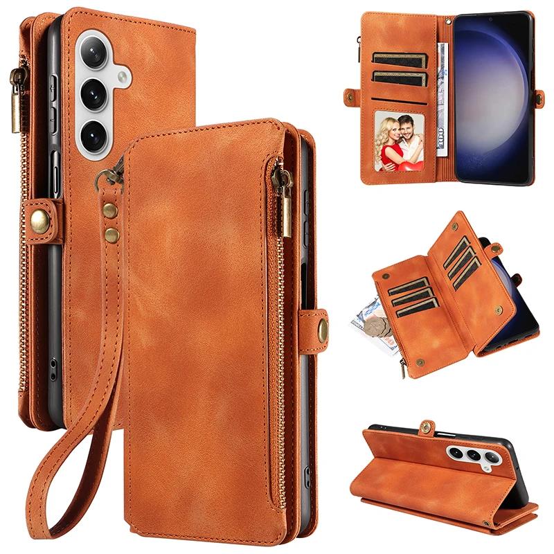 Flip Zipper Wallet Cards Solt Leather Case for Samsung Galaxy S25 Ultra S24 Plus S23 S22 A55 A15 A35 A34 A54 Phone Bags Cover