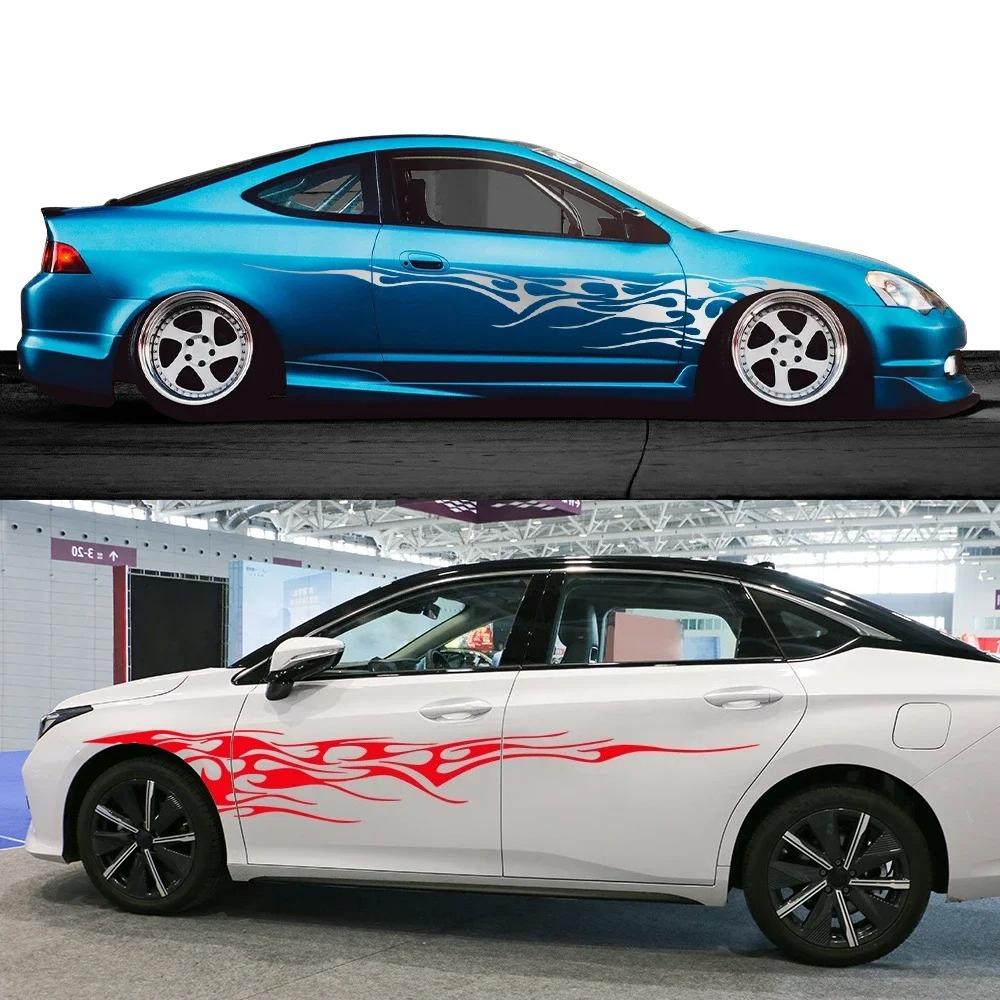 2PCS Flame Graphic Car Body Side Stickers Racing Sports Stripes Vinyl Decals Self-adhesive Auto Decorative Stickers Accessories