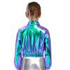 Unisex Kids Metallic Shiny Jacket Turn Down Collar Long Sleeves Flap Pockets Dance Coat