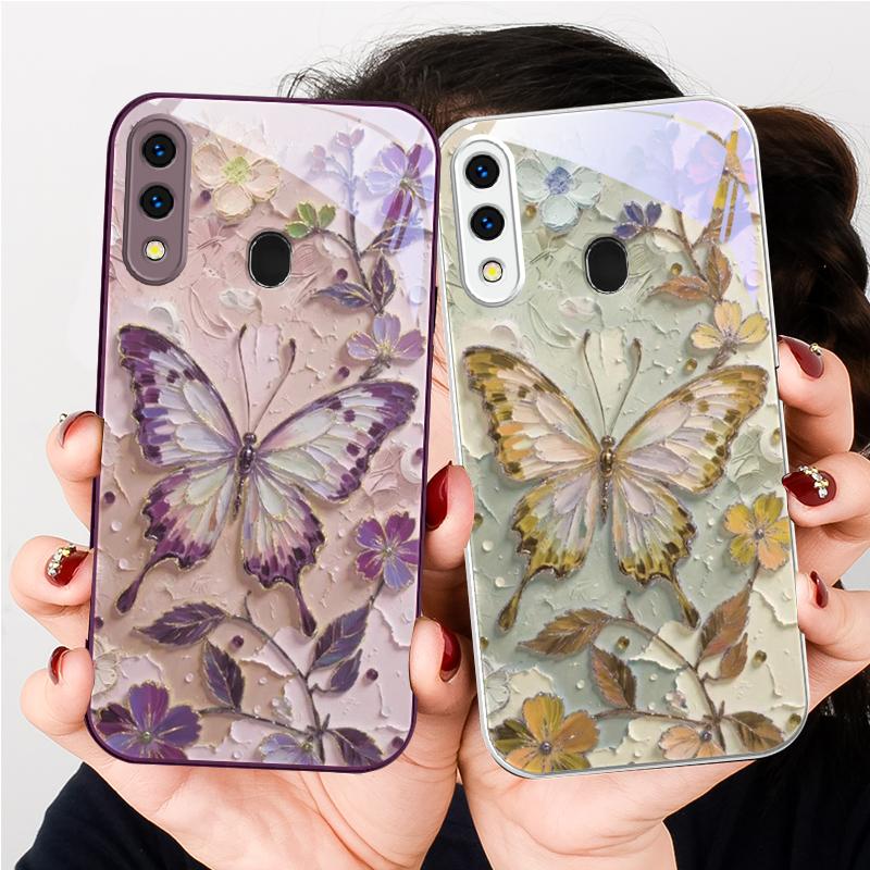 Elegant pink butterfly For Samsung A20 30 22 23 24 25 26 A31 32 33 34 A35 42 A50 51 52 53 54 55 56 70 71 72 73 glass phone case