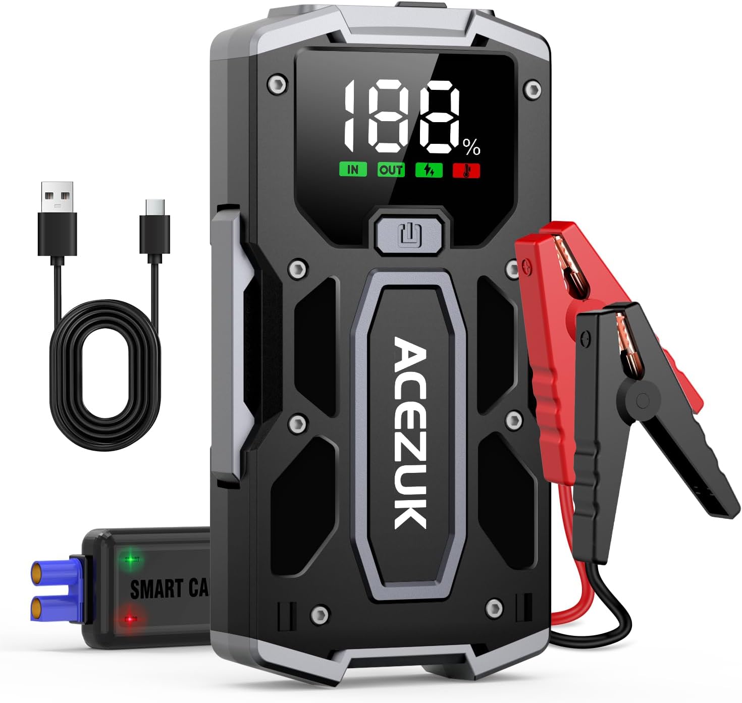 

12V 8-in-1 Car Jump Starter 6000A, Quick Charge 3.0, LED Screen, Up to 7.0L Gas & 5.5L Diesel
