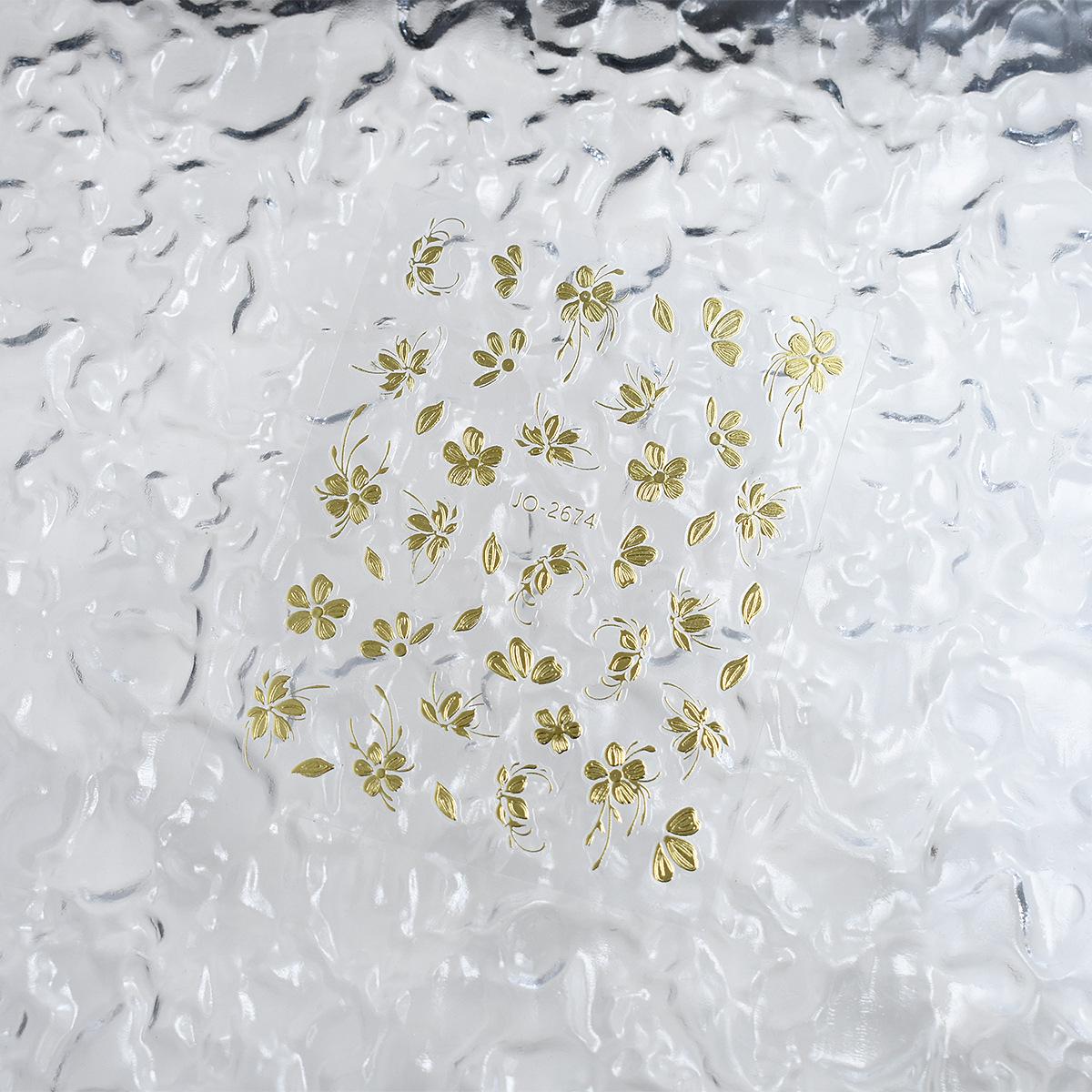 Gold Blooming Flowers 3D Nail Stickers - 5-Petal Embossed Adhesive Decorations