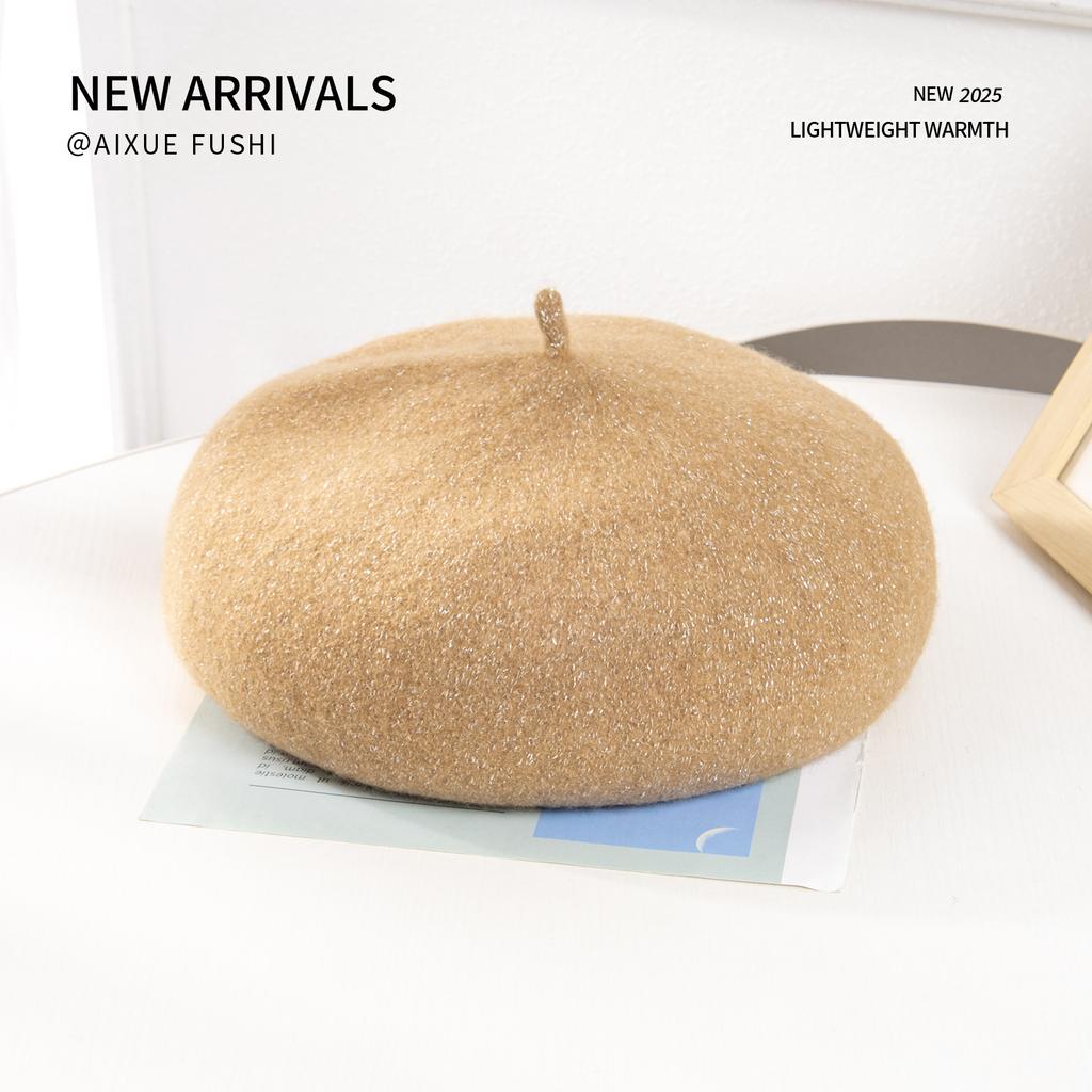 New Autumn And Winter Bright Silk Beret Trendy Women'S Wool Mushroom Hat High-End Korean Fashion Painter Hat