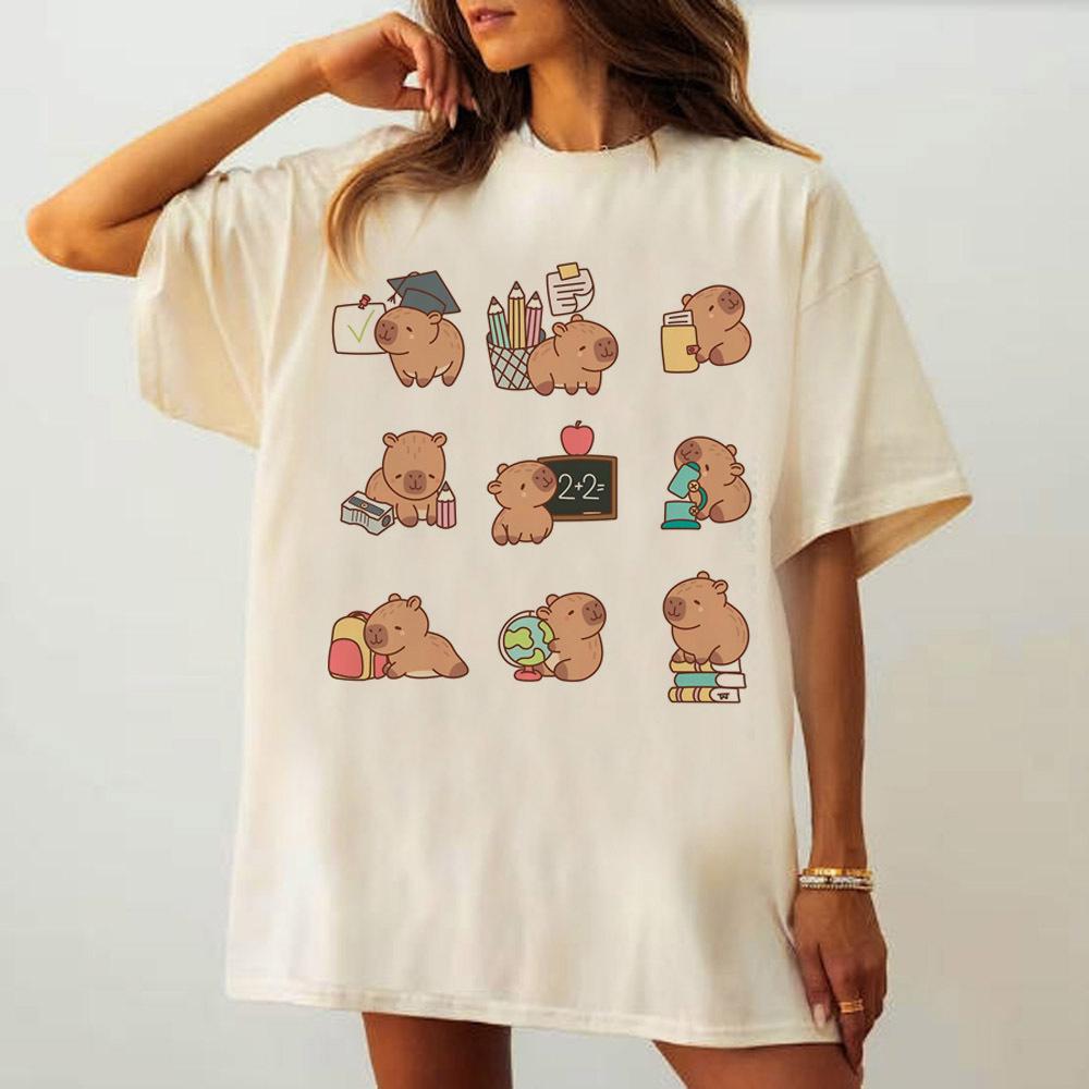 Capybara T-Shirt Damen Anime Bunt 80er Bequem Grafik-T-Shirt Bequem 2000er Psychedelische Ästhetik Popkultur Anime