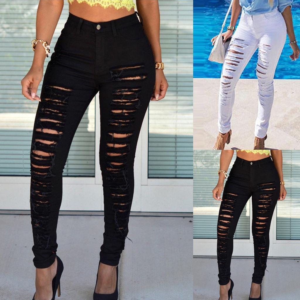 Women Slim Plus Size Ripped Hole Solid Color Long Jeans Denim Regular Pants