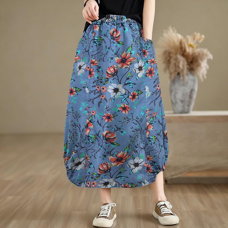 ZANZEA Women Casual Elastic Waist Loose Floral Print Midi Skirts