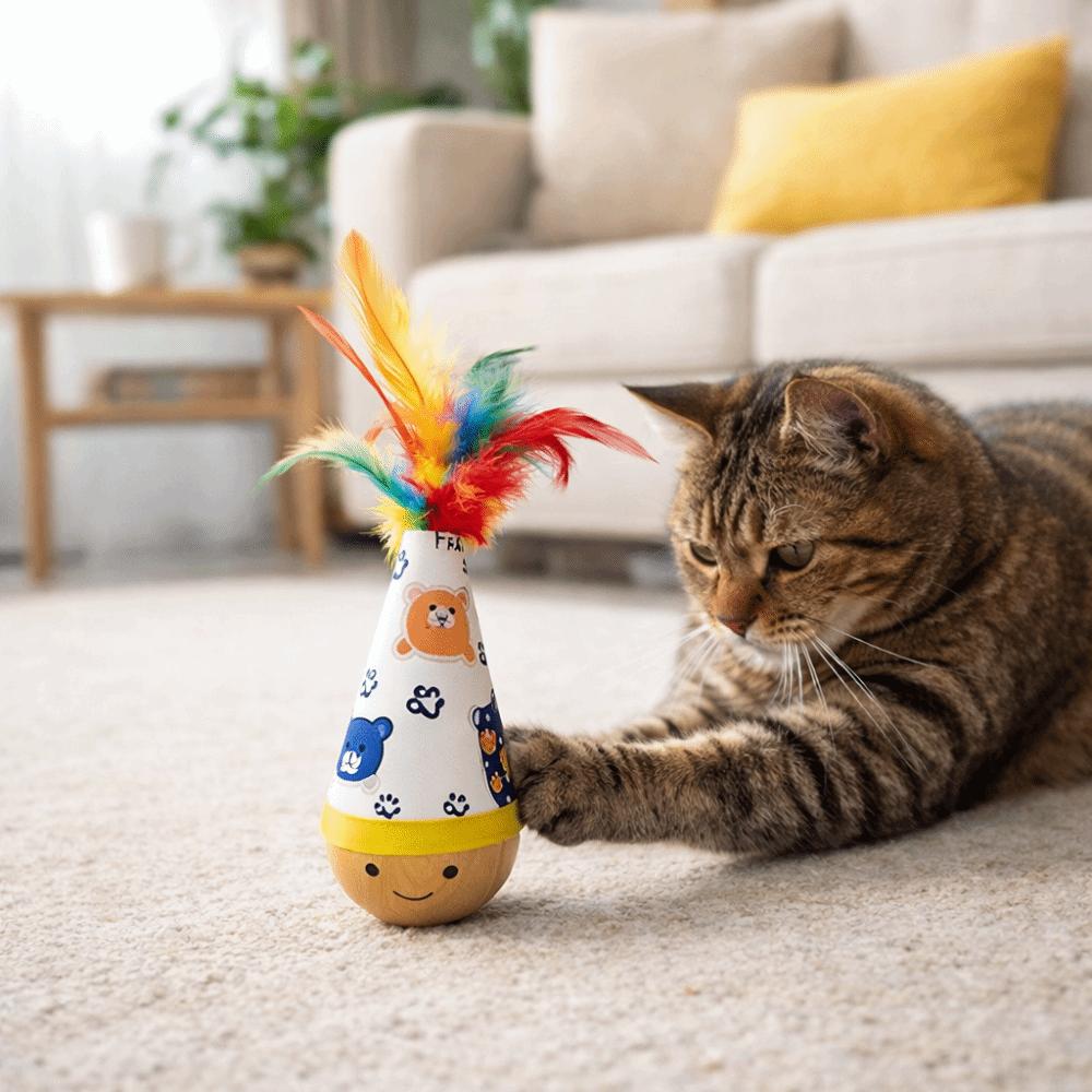 Funny Cartoon Pattern Cat Tumbler Wobbler Wear-Resistant Bite-Resistant Cat Interactive with Feather Cat Teaser Indoor Play