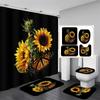 Magic Sunflower Butterfly Shower Curtain Sets Black Yellow Art Country Flower Bathroom Decor Curtains Bath Mats Rug Toilet Cover