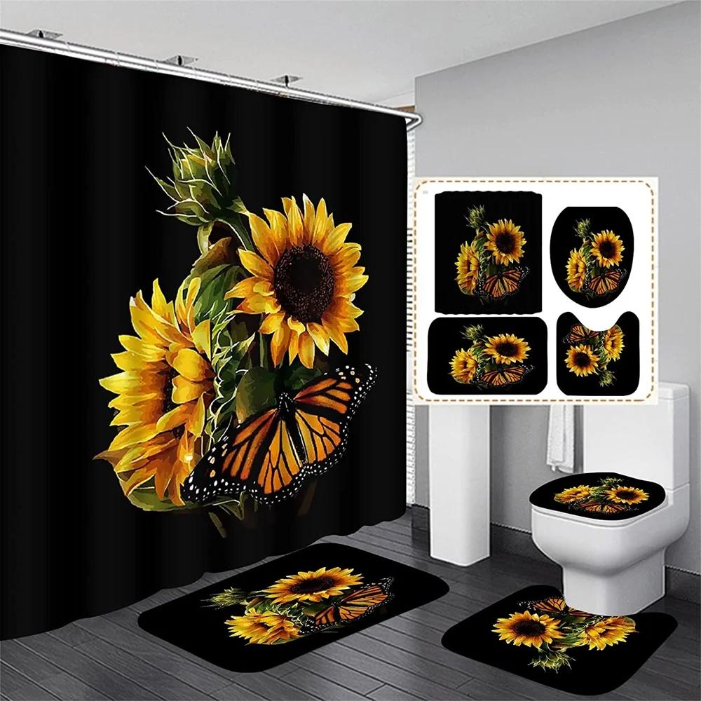 Magic Sunflower Butterfly Shower Curtain Sets Black Yellow Art Country Flower Bathroom Decor Curtains Bath Mats Rug Toilet Cover