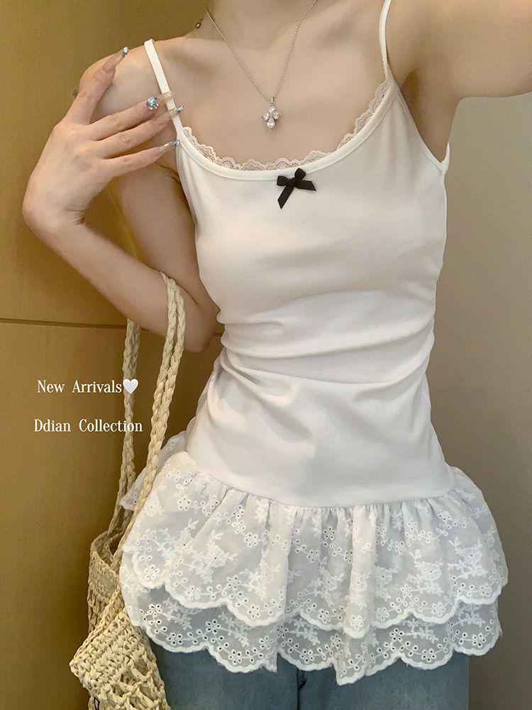 Women's White Bow Strap Layered Tank Top with Lace Trim - Spring/Summer 2025 Collection