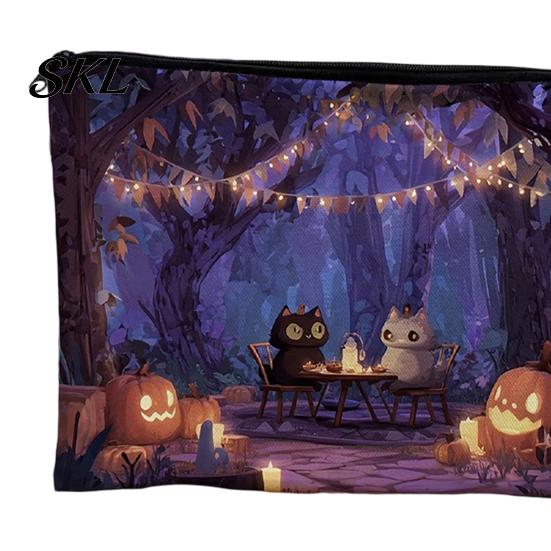 Witch Pumpkin Pattern Bag Storage Bag, with Smooth Zipper, Thickened Polyester Large Capacity Thick Canvas Cosmetic Halloween Printed Pouch Small Item